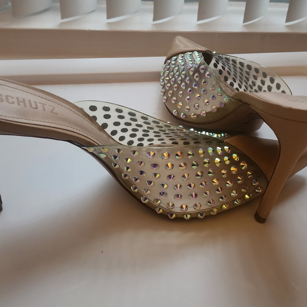 Schutz Tan and Silver Studded Women's Heels - Picture 4 of 8